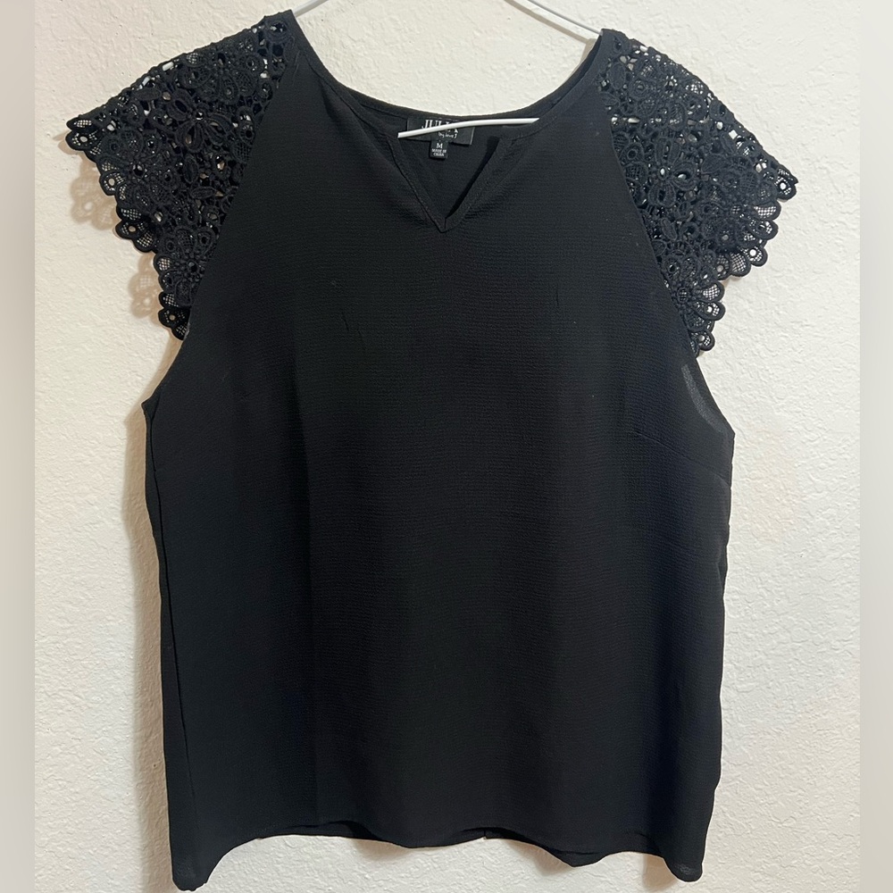 Elegant Black Blouse with Lace Sleeves
